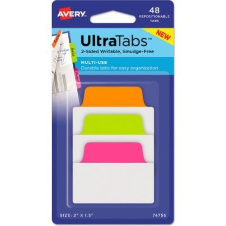 AVERY DENNISON Avery Ultra Tabs Repositionable Tabs, 2in x 1-1/2in, Neon: Green, Orange, Pink, 48/Pack 74756
